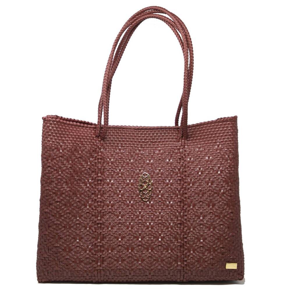 NEW LOLA'S BAG women's travel woven tote bag with clutch in burgundy
